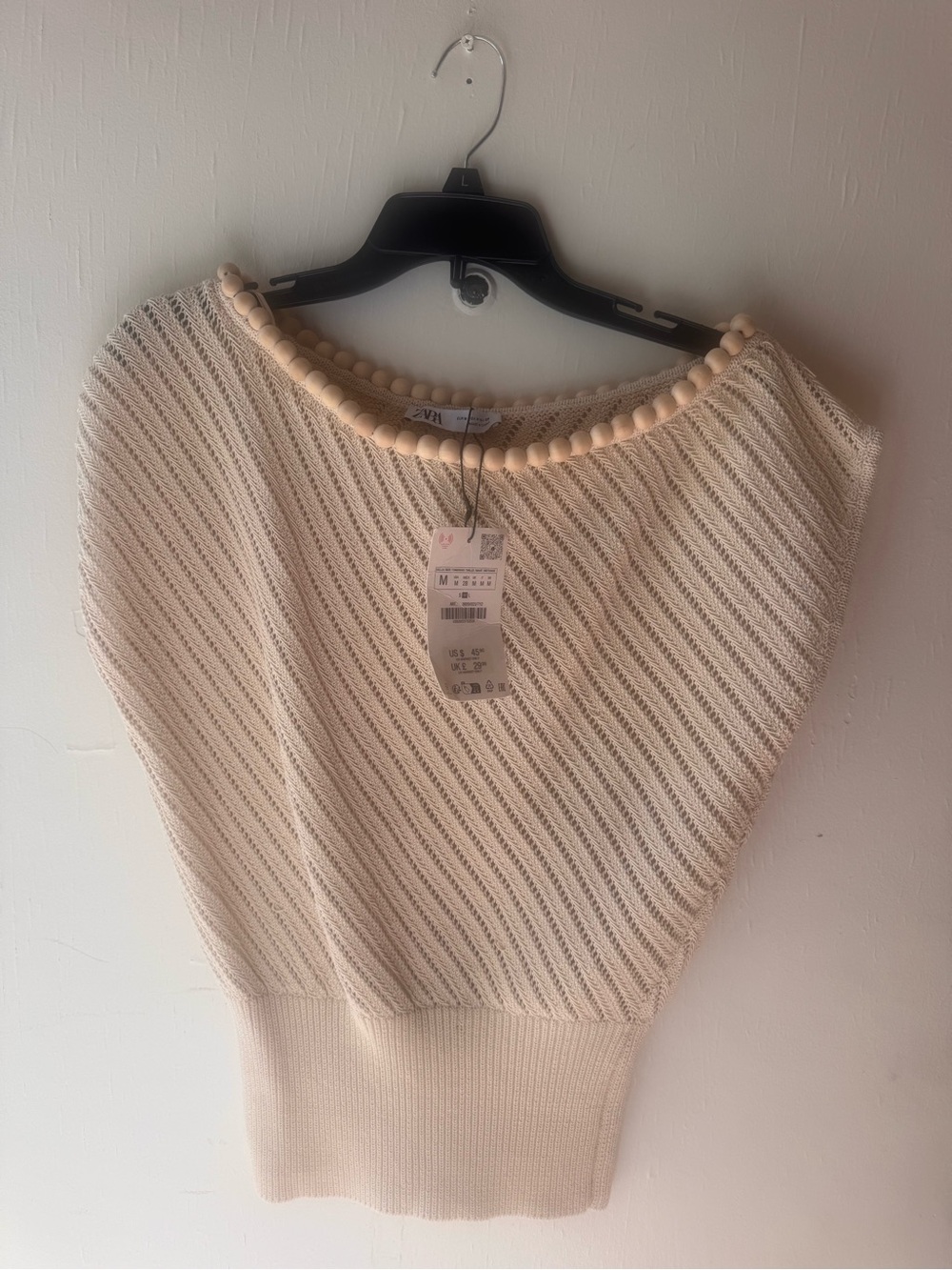 Zara Cream Knit Boatneck Sweater with Beaded Trim